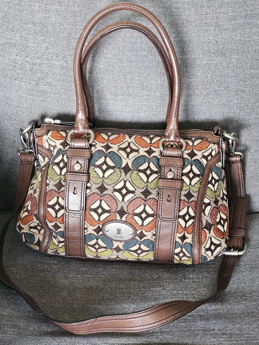 Fossil Maddox Satchel Earthy Multicolor Geometric Tapestry with Brown Leather